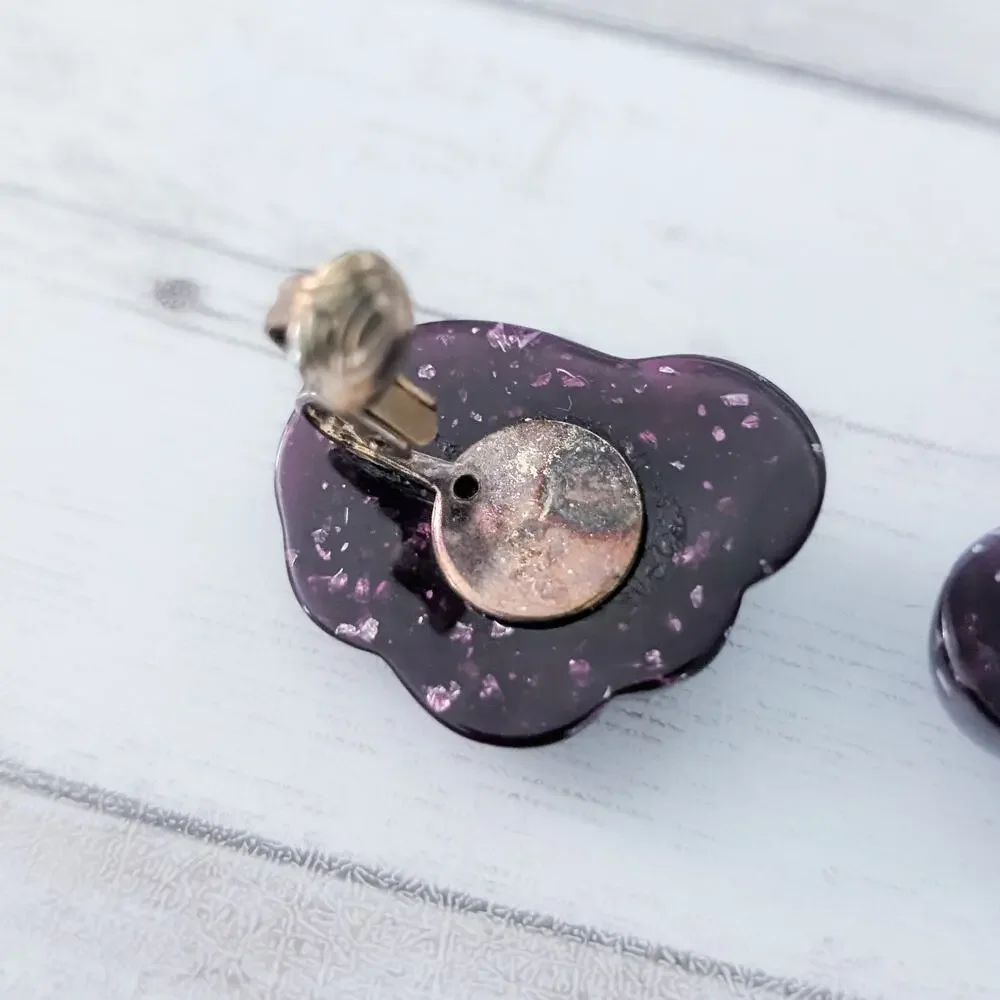 Vintage Clip On Earrings Retro Large Dark Purple Statement - Just Over 1 & 1/8